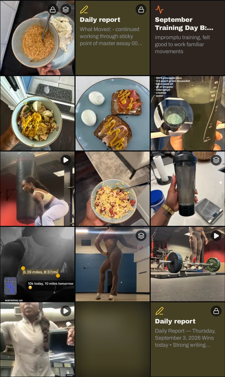 PRXS Rhythm grid of logged meals, workouts and daily reports on a phone