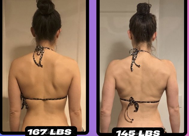 Before and after from behind: 167 lbs to 145 lbs